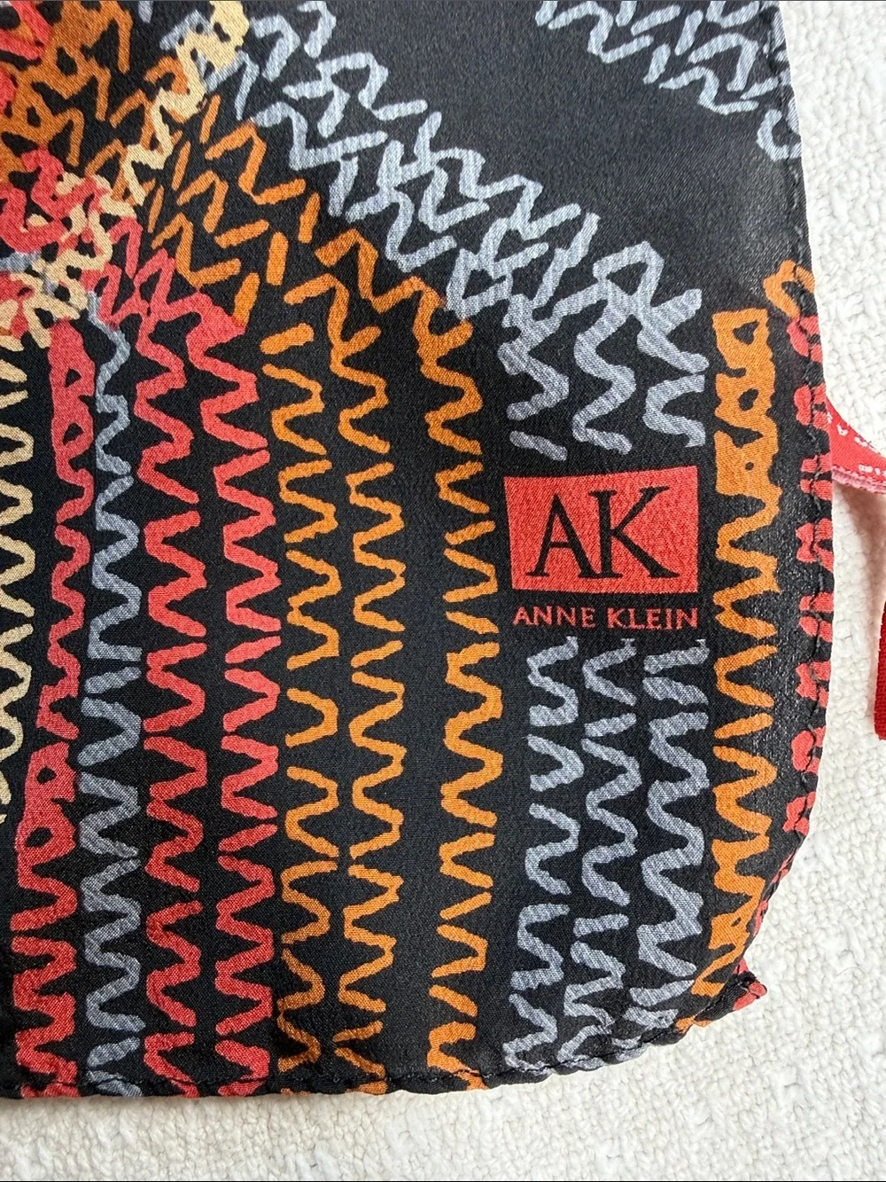 Anne Klein silk scarf black orange pink yellow blue squiggle line plaid print